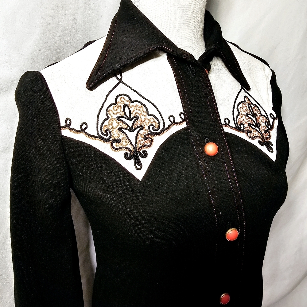 Vintage 70's Womens Western Black Wool Knit Button-up Embroidered Shirt XS - Picture 2 of 10